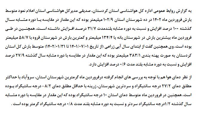 بررسی وضعیت بارش و دما ایستگاه¬های هواشناسی استان کردستان درفروردین ماه 1402